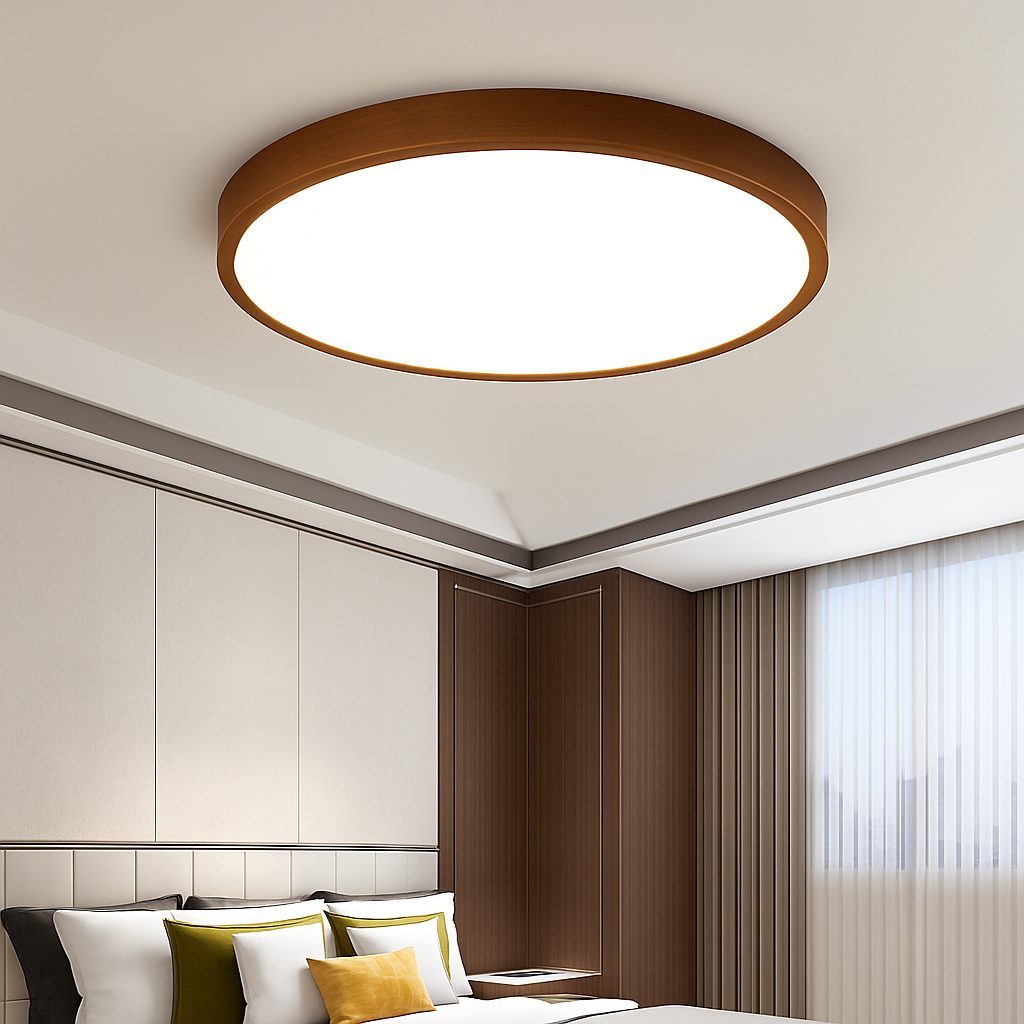plafonnier rond en bois style nordique pour intérieur moderne