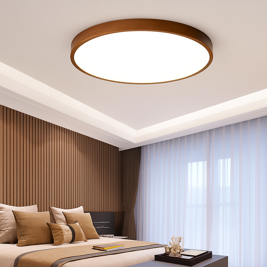 plafonnier rond en bois style nordique pour intérieur moderne