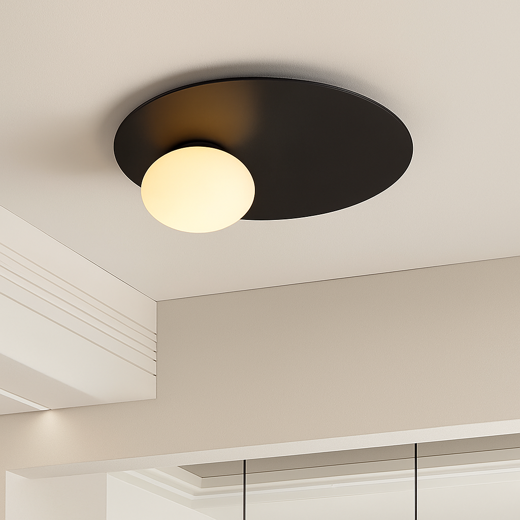 plafonnier rond en métal moderne avec ampoule en verre blanc