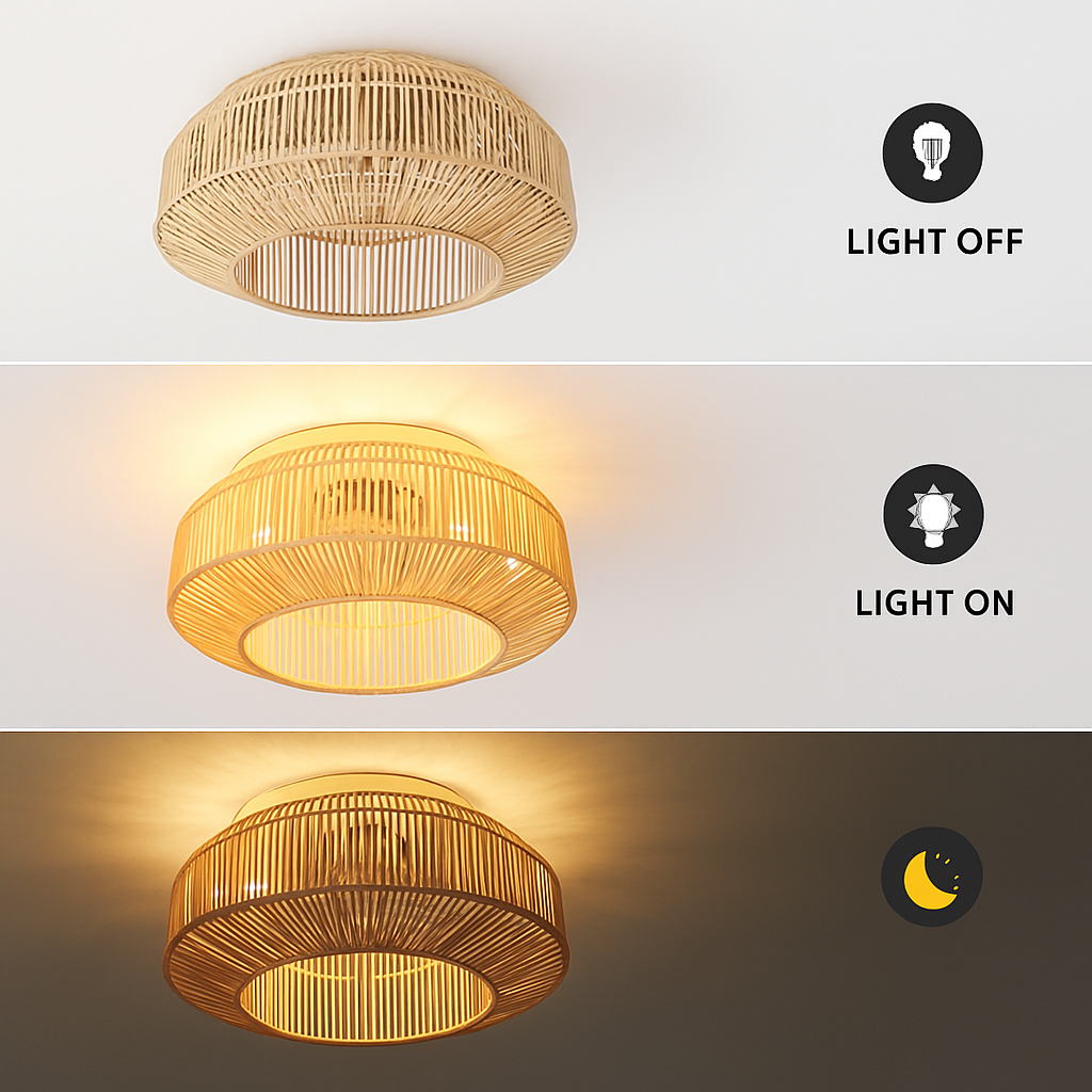 plafonnier ventilateur industriel avec lumière en bambou