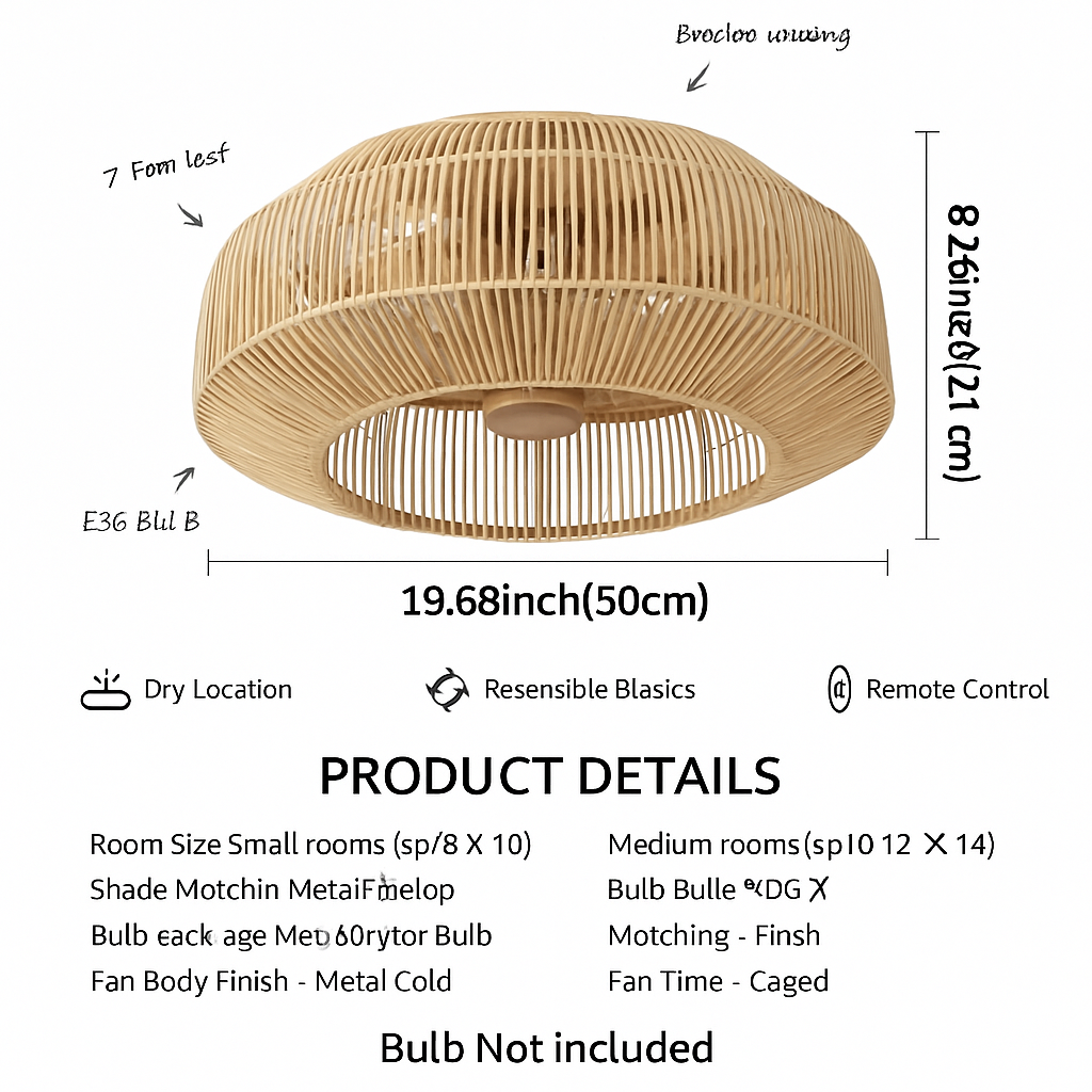 plafonnier ventilateur industriel avec lumière en bambou