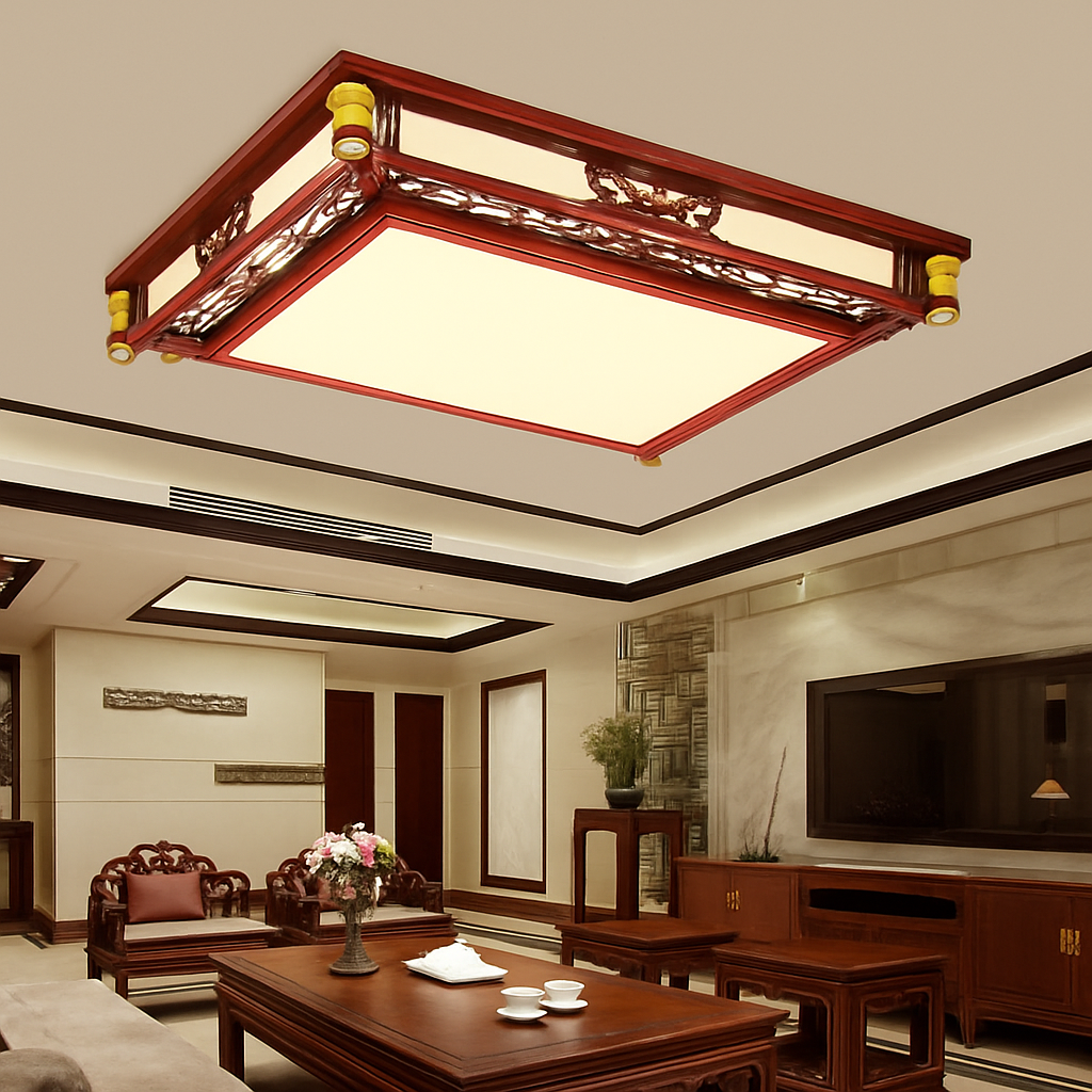 plafonnier vintage chinois en bois avec luminaire acrylique