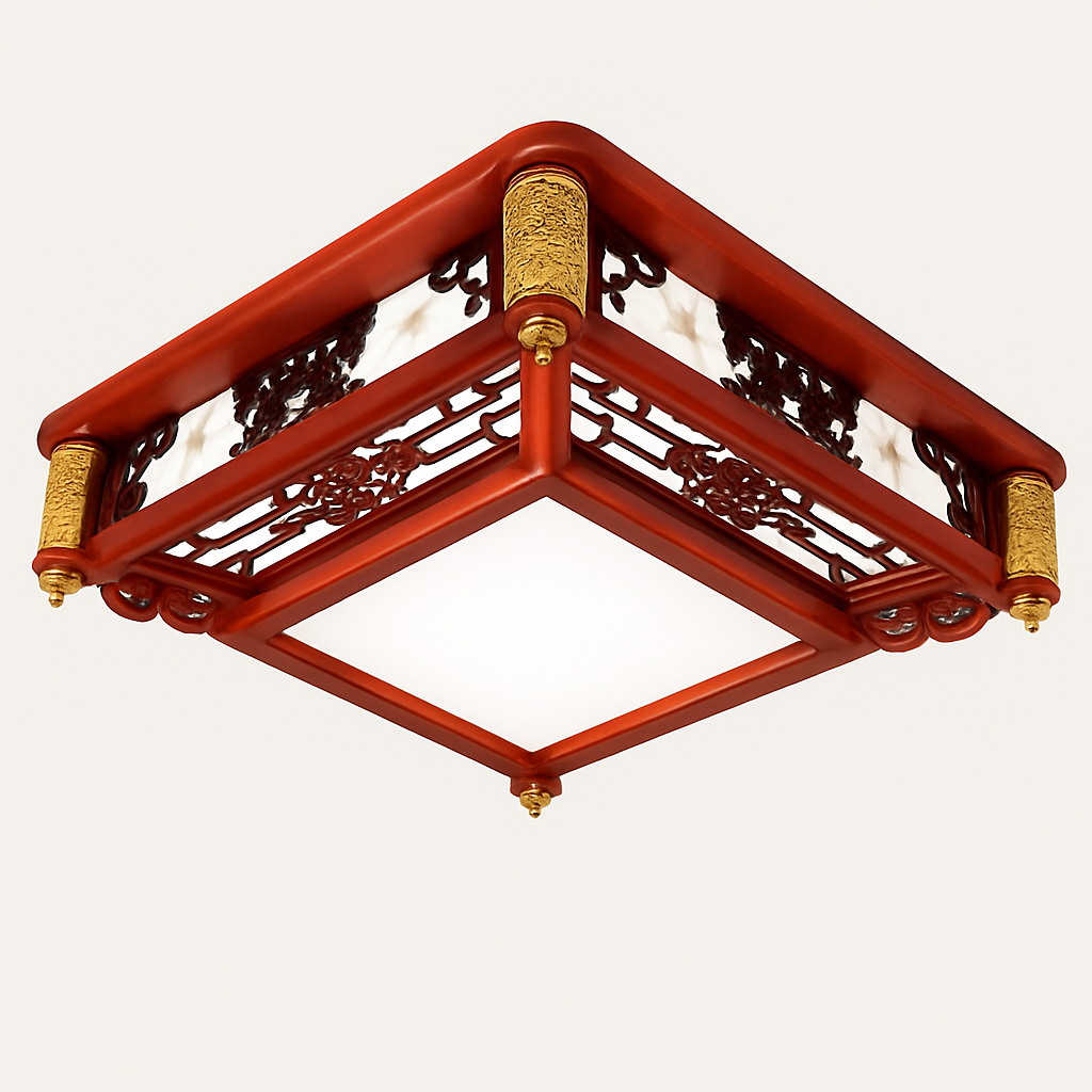 plafonnier vintage chinois en bois avec luminaire acrylique