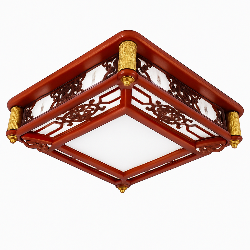plafonnier vintage chinois en bois avec luminaire acrylique