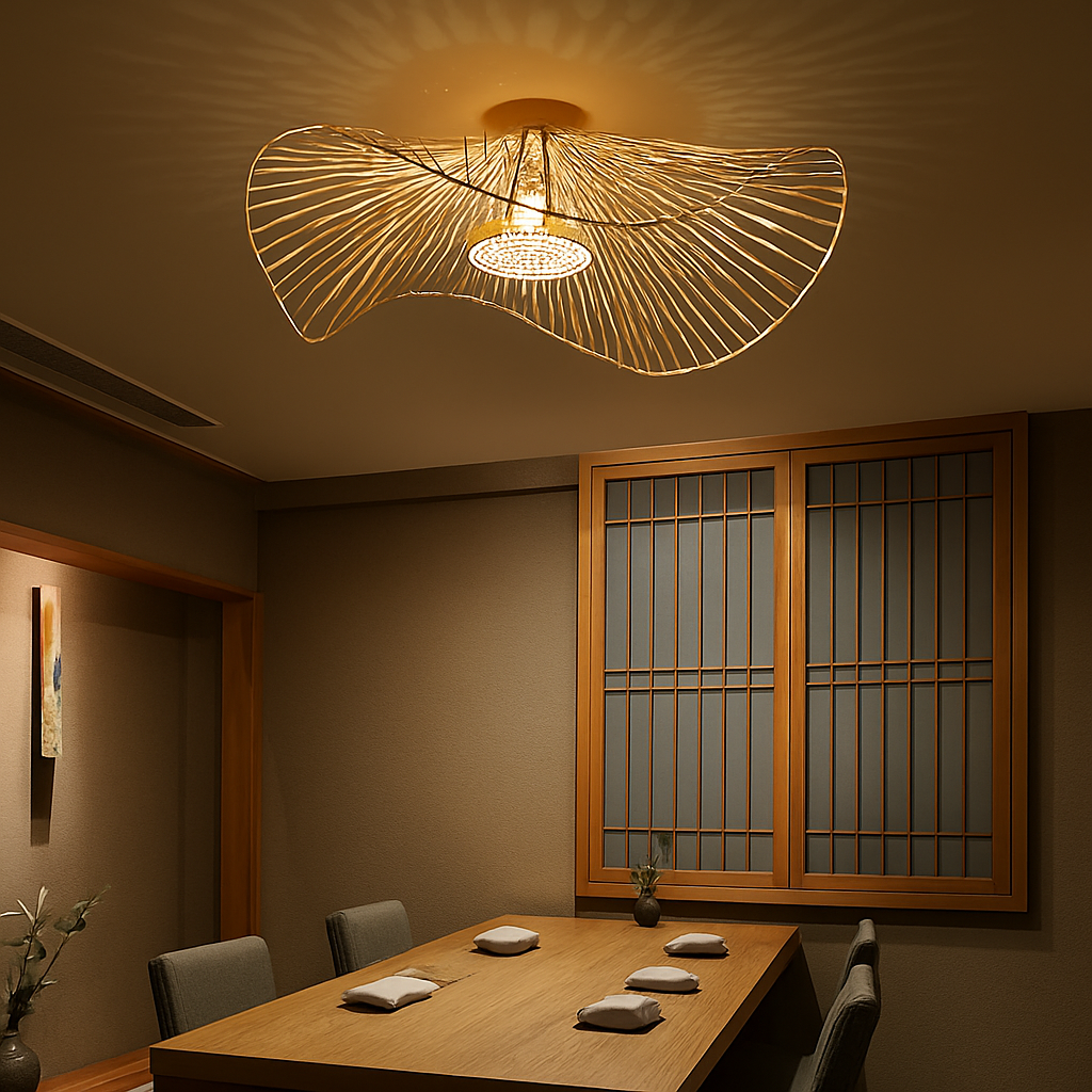 plafonnier zen en bambou tissé style sud-est asiatique