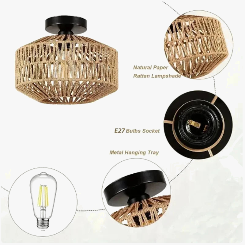 Plafonniers Rotin E27 Ampoules Lustre Luminaire Tissé À La Main Lampe Celing Lampe Encastrée Pour Couloir Chambre Cuisine
