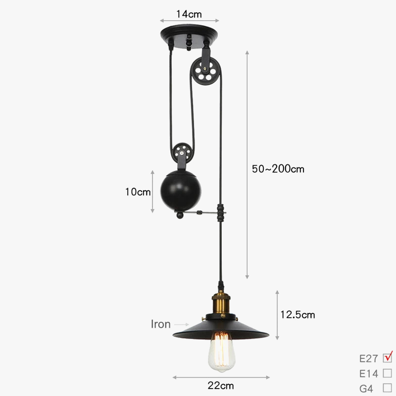 Suspension Poulie en fer rétro Vintage Loft Antique réglable
