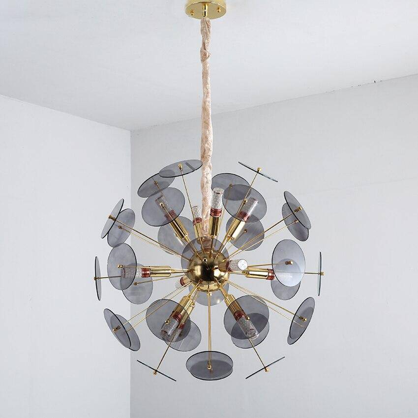 Lustre design doré et plaques rondes plates fumées Luxury
