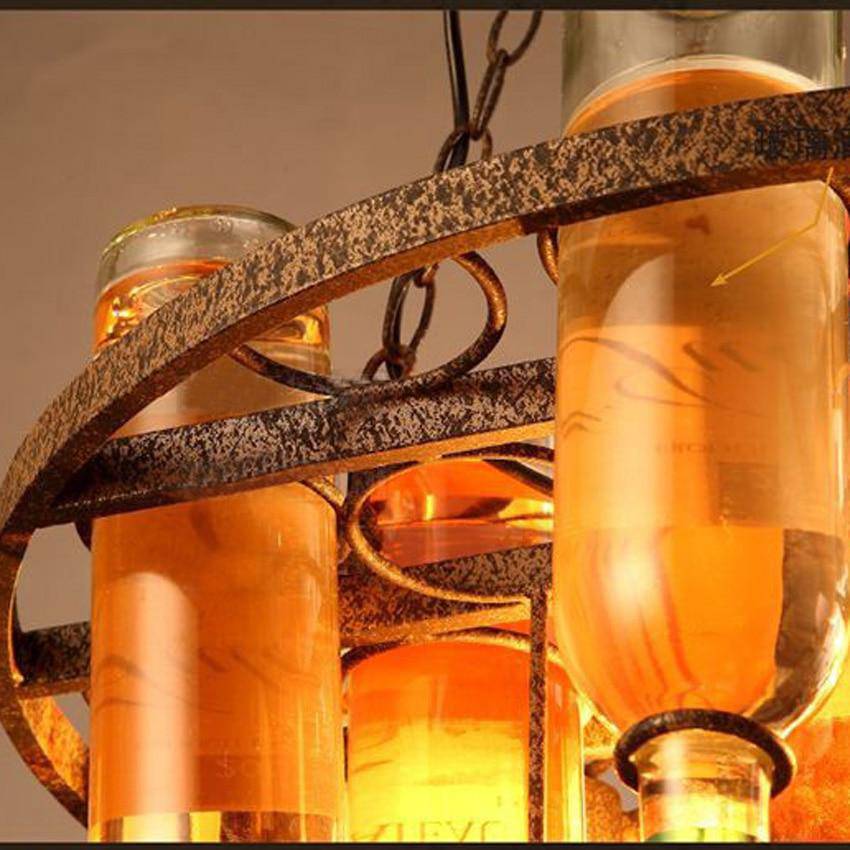 Lustre rustique en métal rétro et bouteilles en verre colorées 60x32cm