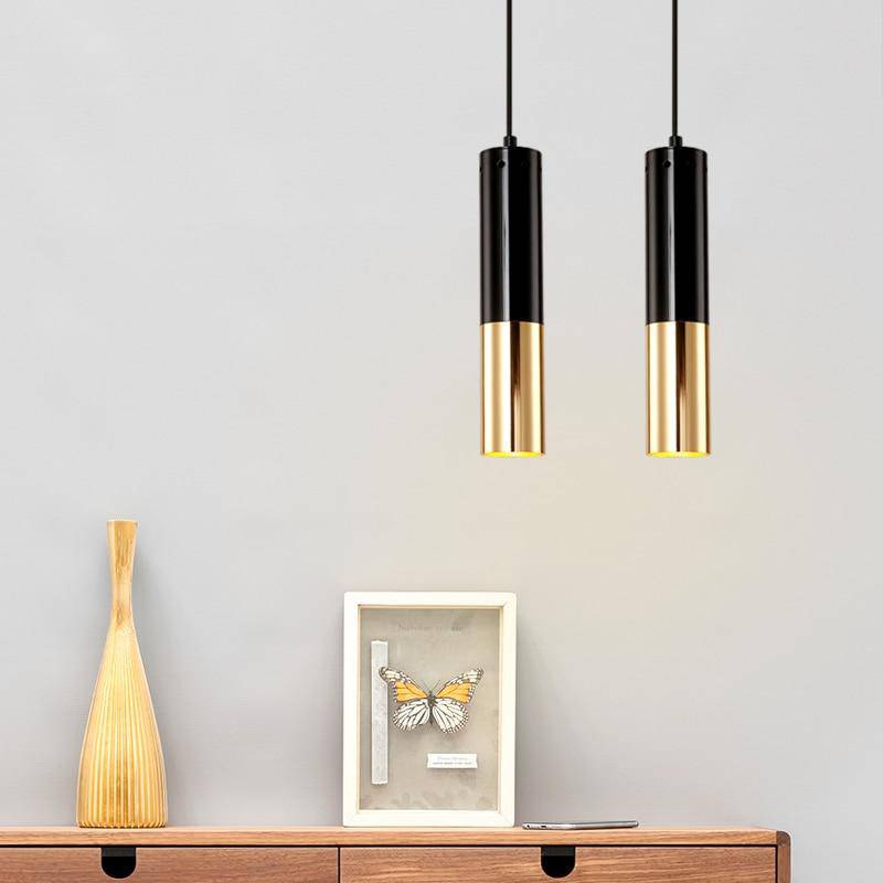 Suspension design LED en tube cylindrique métal noir et doré Faryto