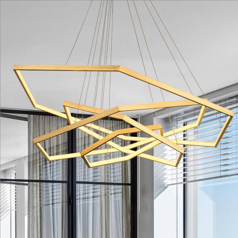 Lustre design LED avec anneaux dorés au style géométrique Luxury