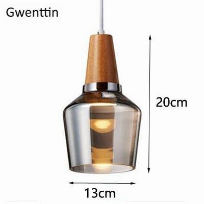 Suspension design LED en bois avec abat-jour arrondi en verre Nordic