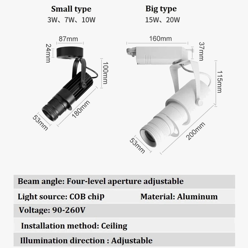 projecteur led sur rail à mise au point réglable pour éclairage d'ambiance