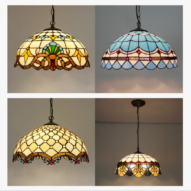 Rétro Tiffany Suspension Lumières suspension lustre salon baroque perle design Vitrail luxe 16 "mer bleu marron L