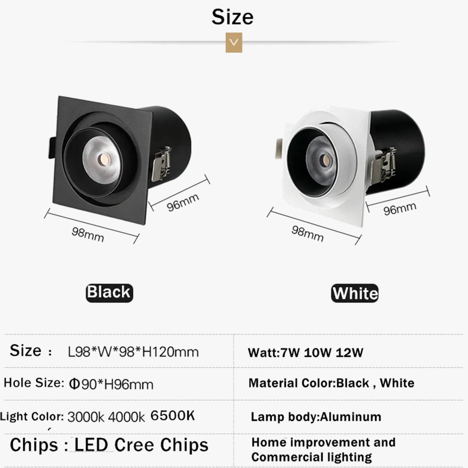 spot encastré led carré télescopique rotation flexible pour maison