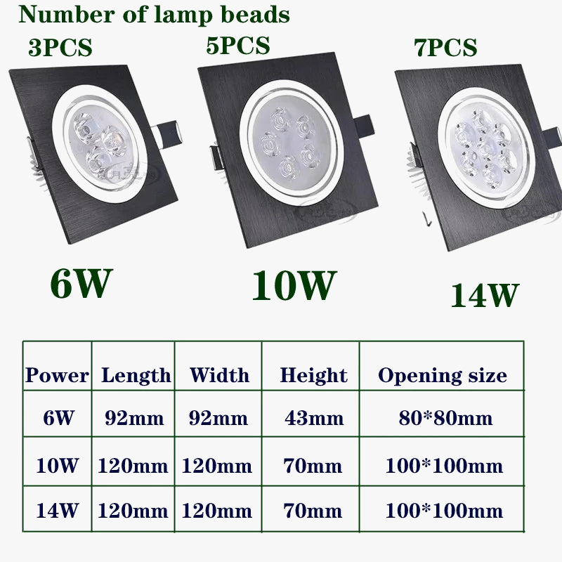 spot led carré à intensité variable pour décoration intérieure