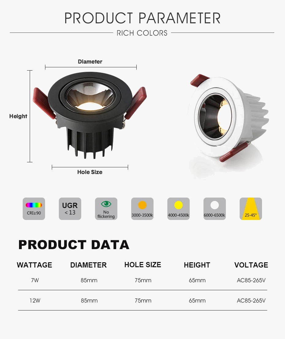spot led encastré antireflet à intensité variable pour éclairage intérieur