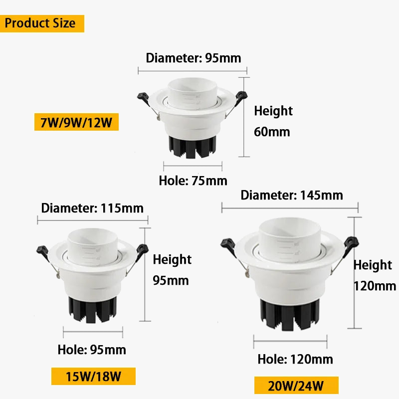 spots led encastrables à faisceau zoomable pour éclairage intérieur