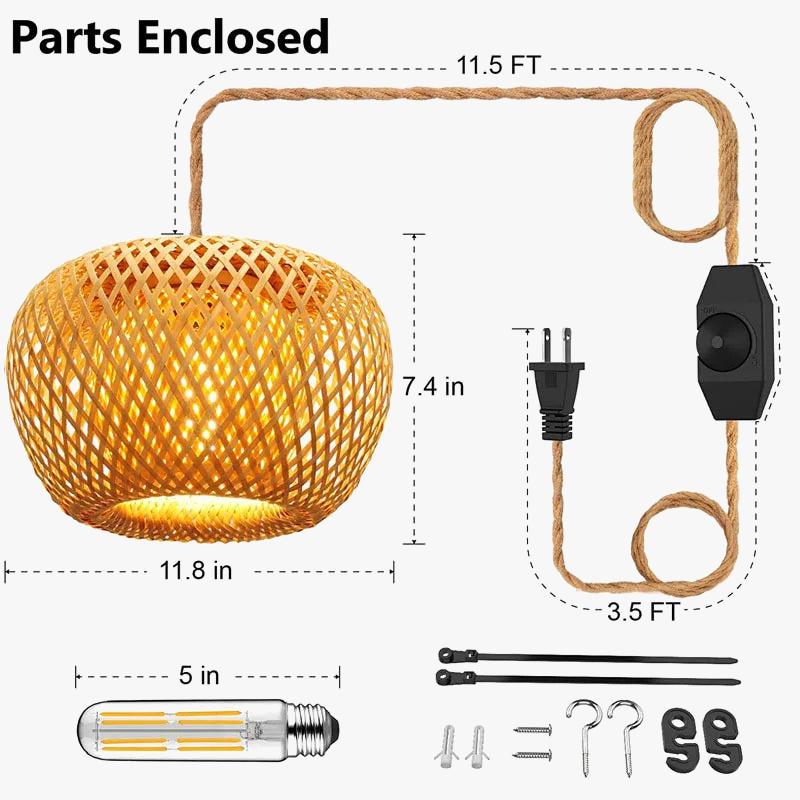 suspension antique en corde de chanvre et bambou tissé à intensité variable