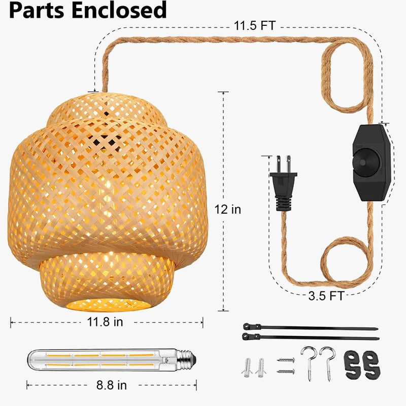 suspension antique en corde de chanvre et bambou tissé à intensité variable