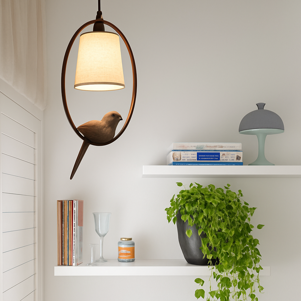 Suspension avec abat-jour et oiseau perché à LED