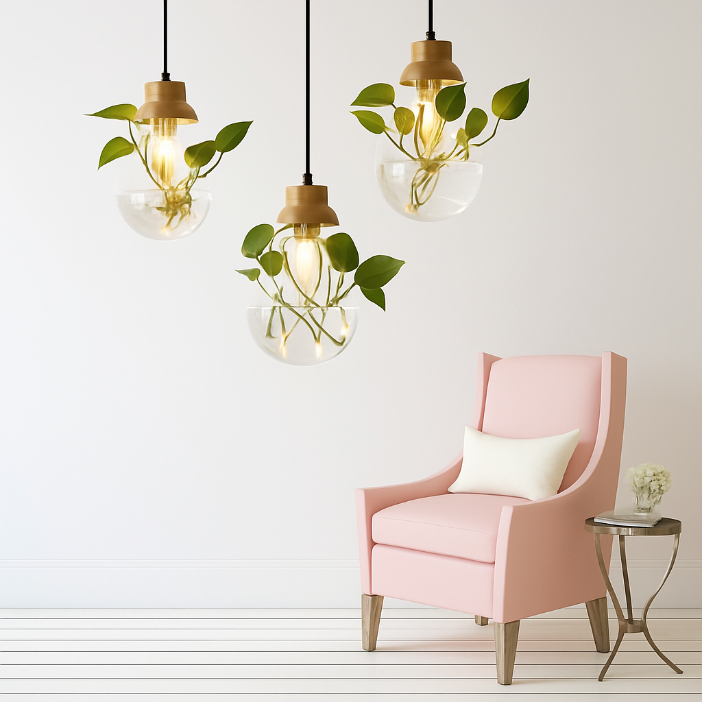 Suspension bocal en verre à fleur et support en bois