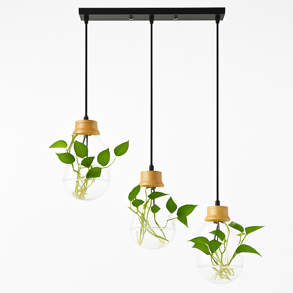 Suspension bocal en verre à fleur et support en bois