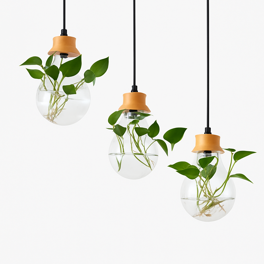 Suspension bocal en verre à fleur et support en bois
