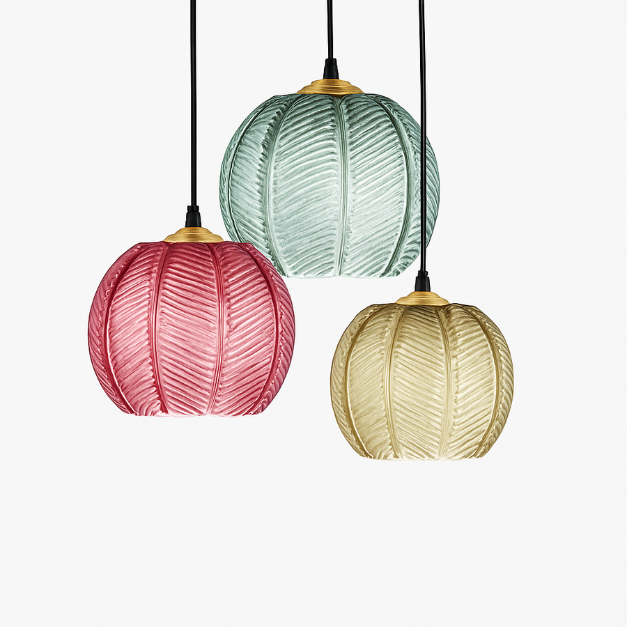 Suspension boule en verre motif feuilles