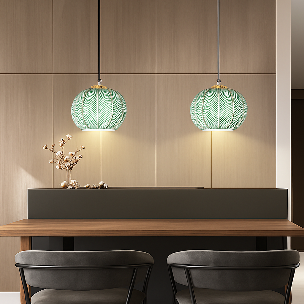 Suspension boule en verre motif feuilles