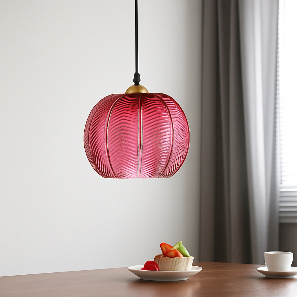 Suspension boule en verre motif feuilles
