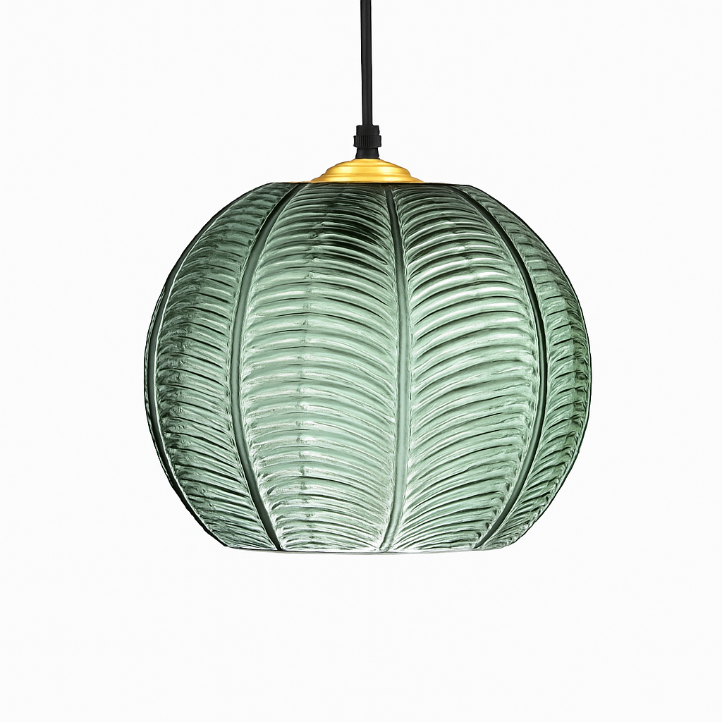 Suspension boule en verre motif feuilles