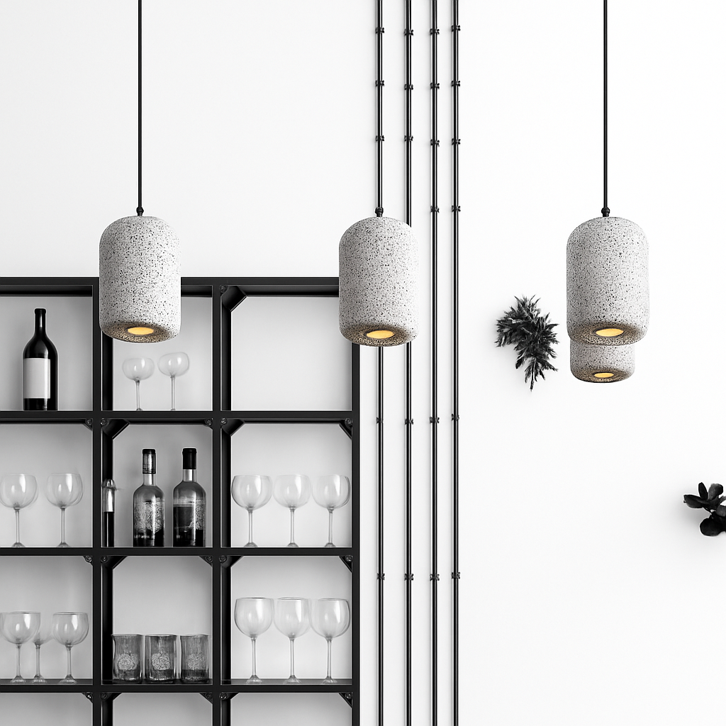 Suspension design cylindrique en ciment façon terrazzo LED