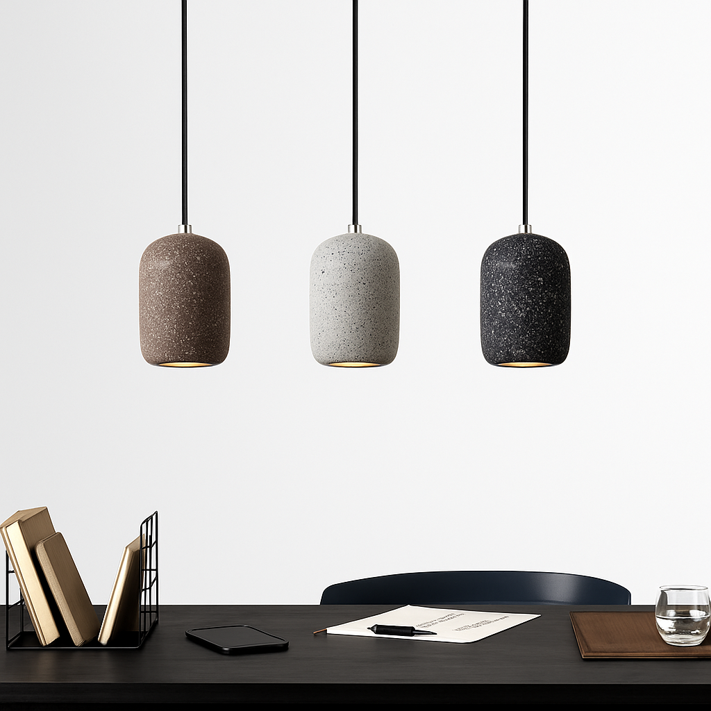 Suspension design cylindrique en ciment façon terrazzo LED