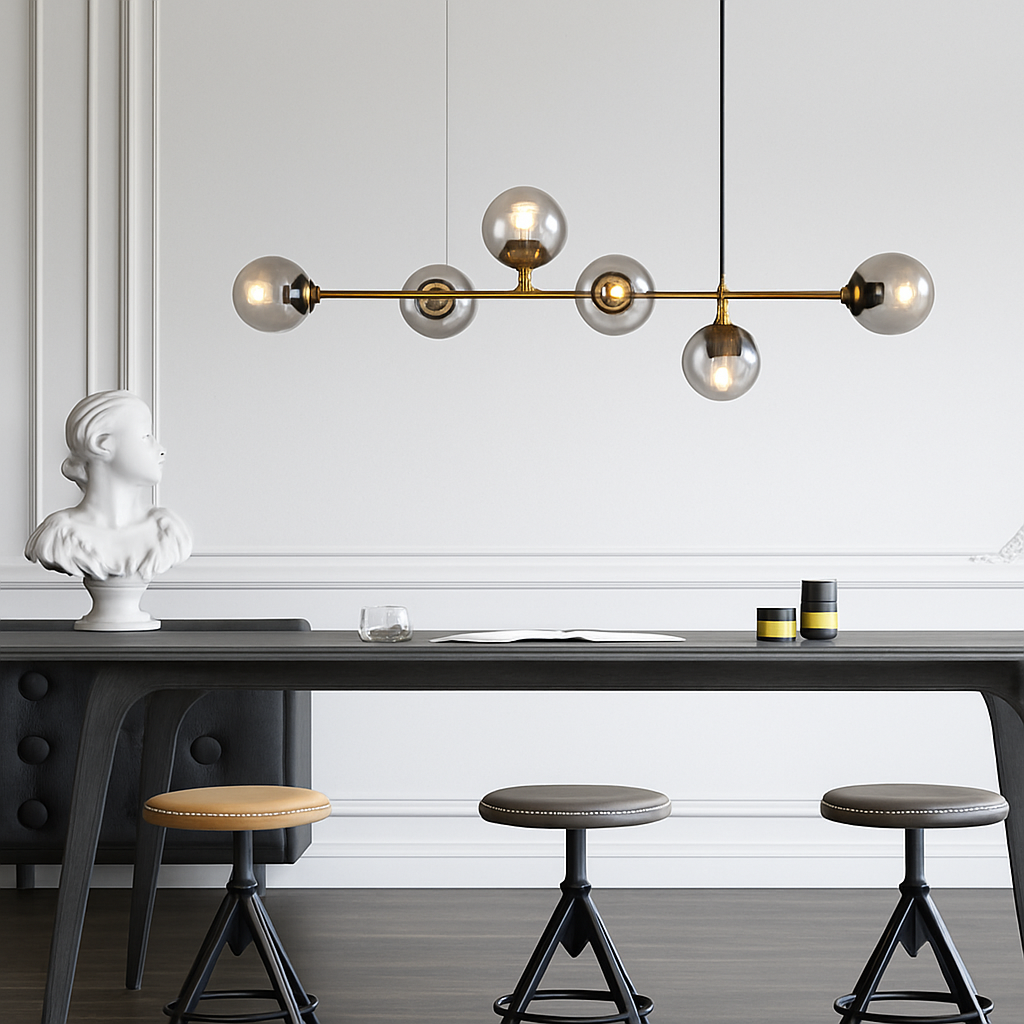 Suspension design LED allongée avec plusieurs abats-jour métal