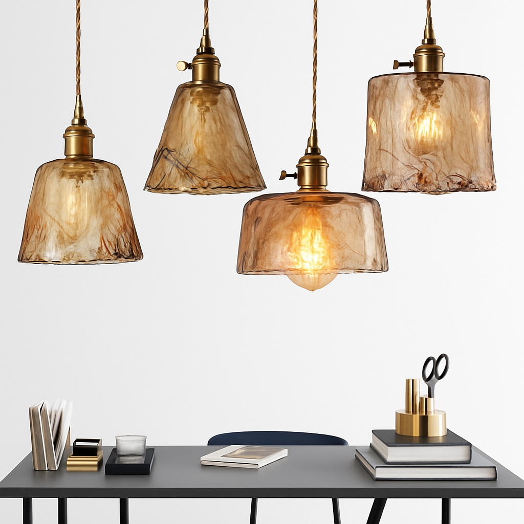 Suspension design à LED avec abat-jour en verre ambré Rétro