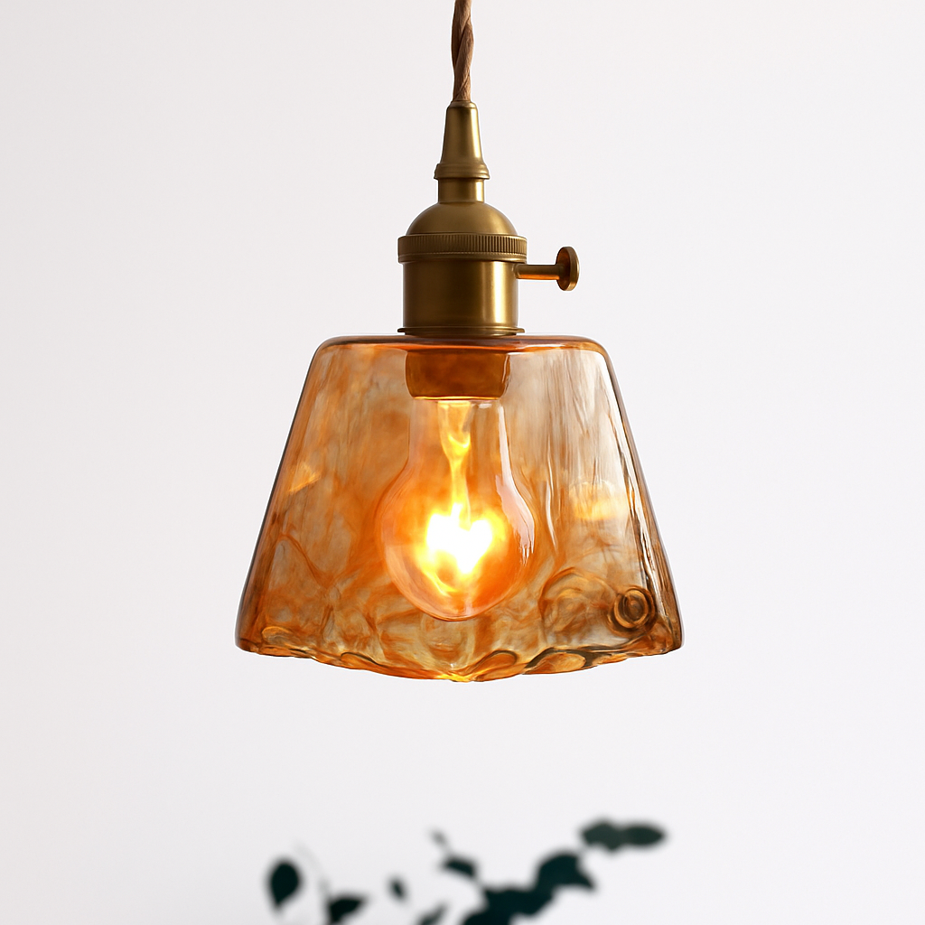 Suspension design à LED avec abat-jour en verre ambré Rétro