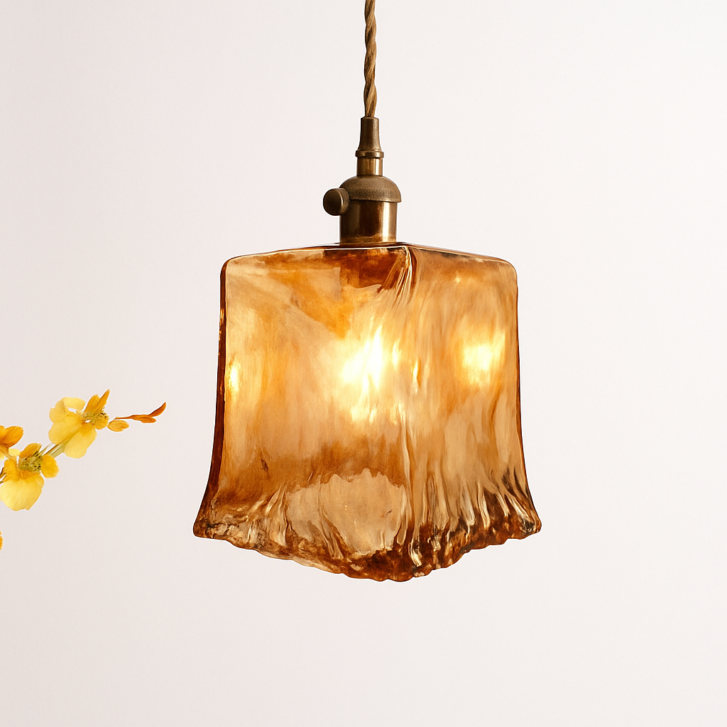 Suspension design à LED avec abat-jour en verre ambré Rétro