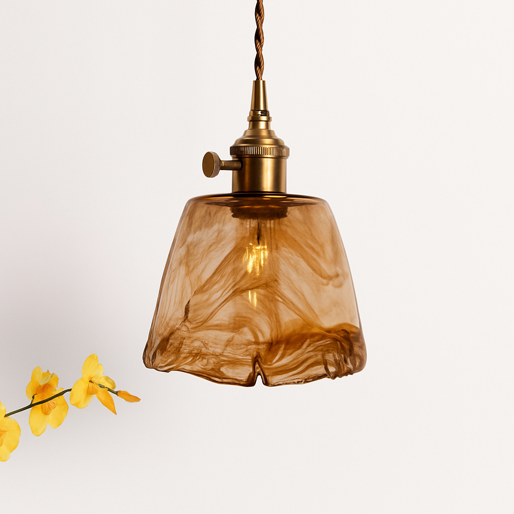 Suspension design à LED avec abat-jour en verre ambré Rétro