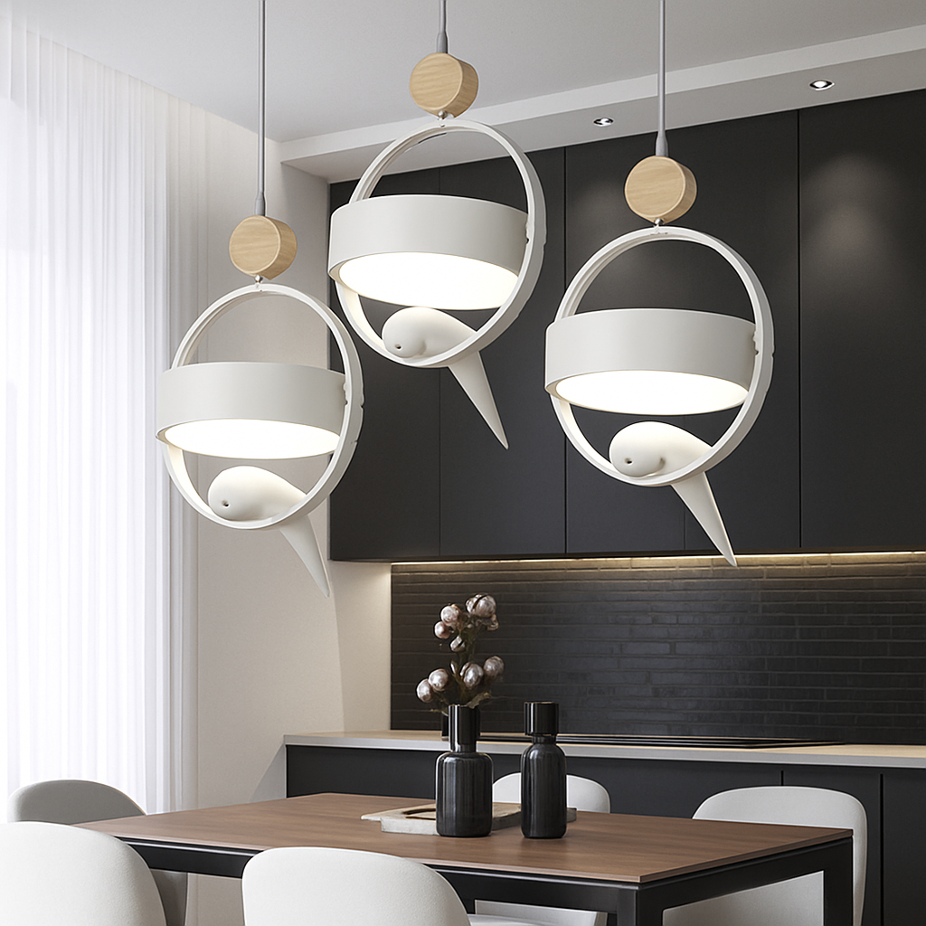 Suspension design LED avec petit oiseau suspendu Bessie
