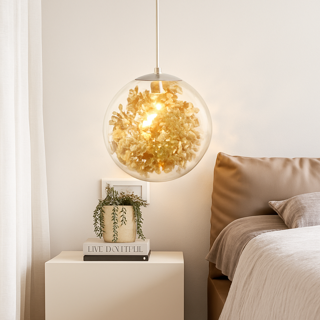 Suspension design LED boule en verre avec feuilles chromées intérieur