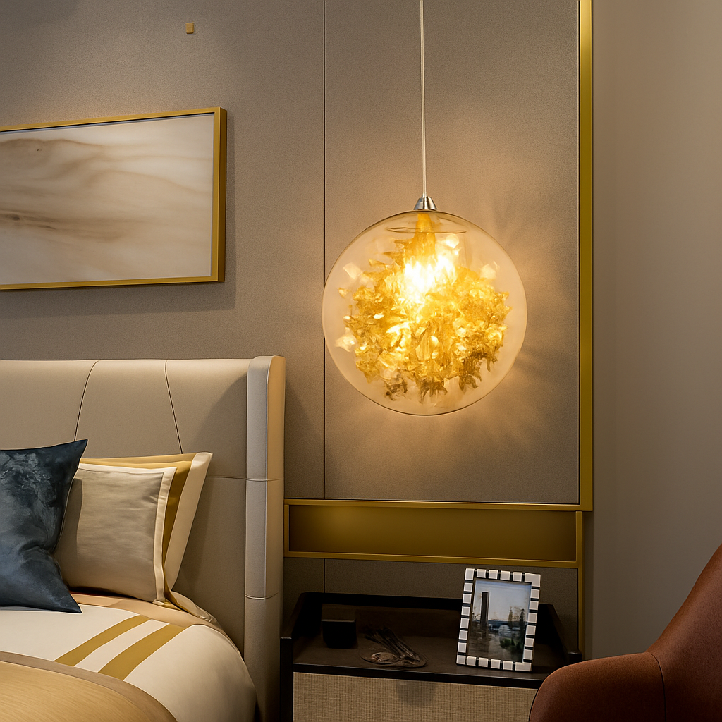 Suspension design LED boule en verre avec feuilles chromées intérieur