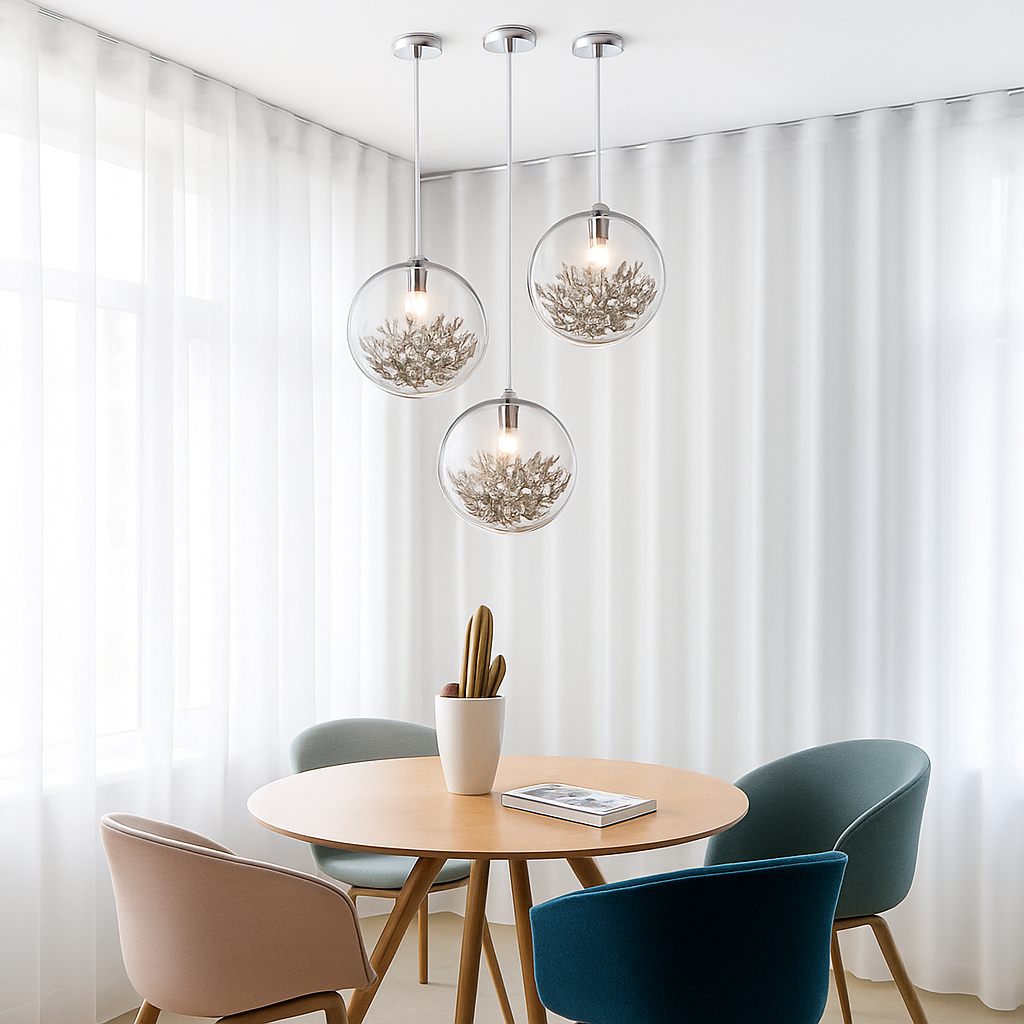 Suspension design LED boule en verre avec feuilles chromées intérieur