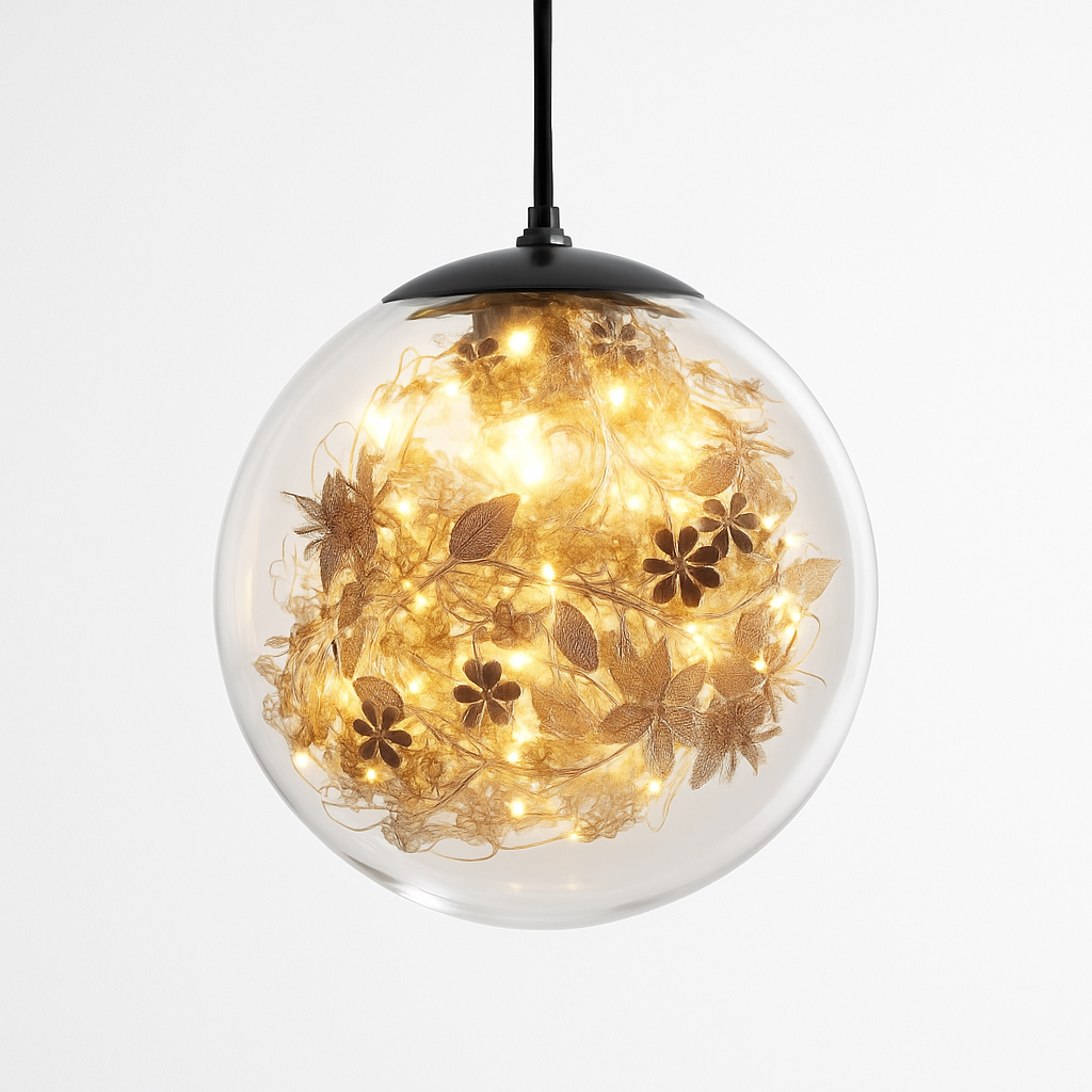 Suspension design LED boule en verre avec feuilles chromées intérieur
