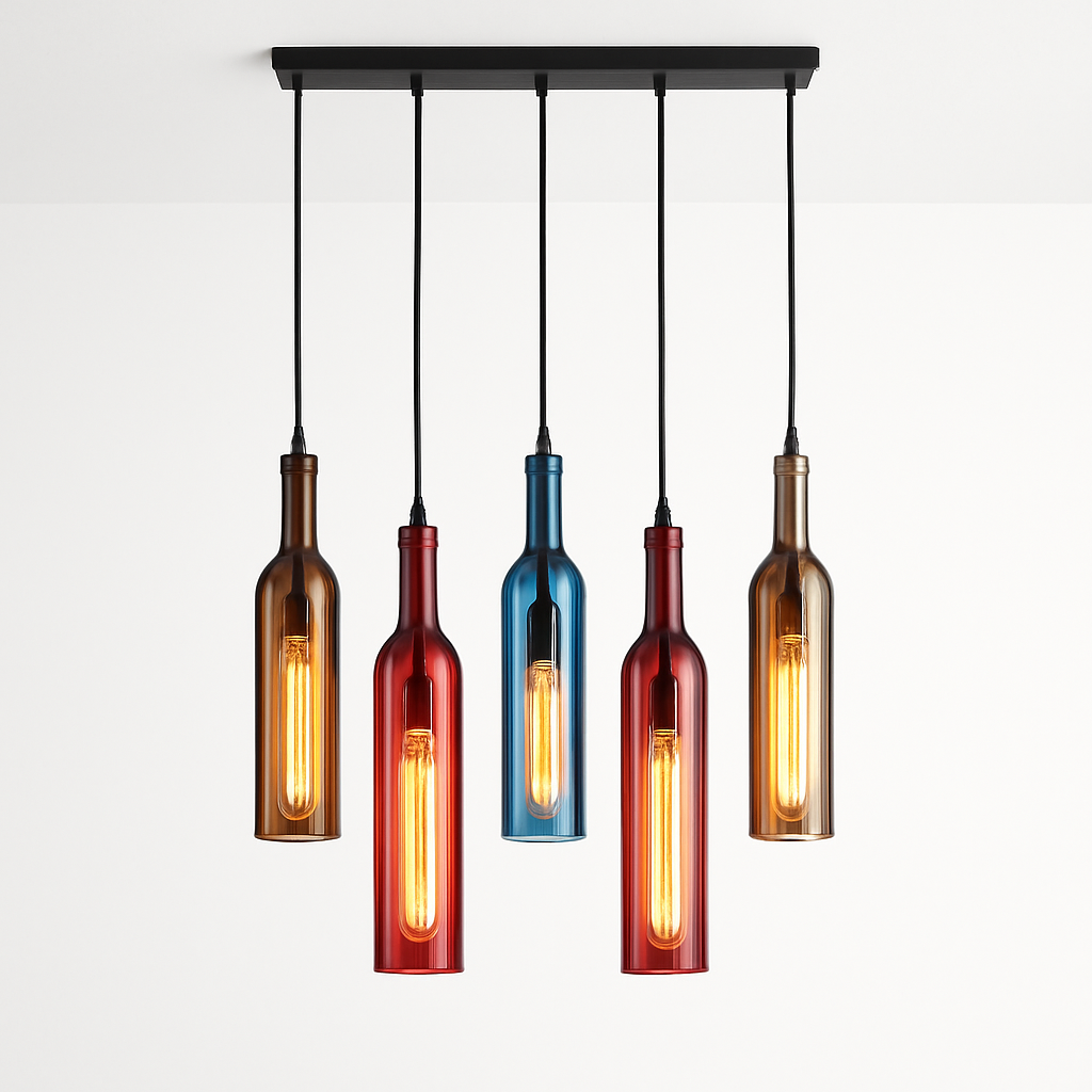 Suspension design à LED en forme de bouteille en verre de couleur