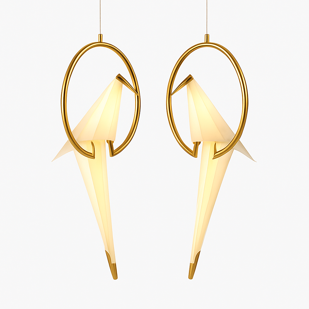 Suspension design LED oiseau dans cerceau doré