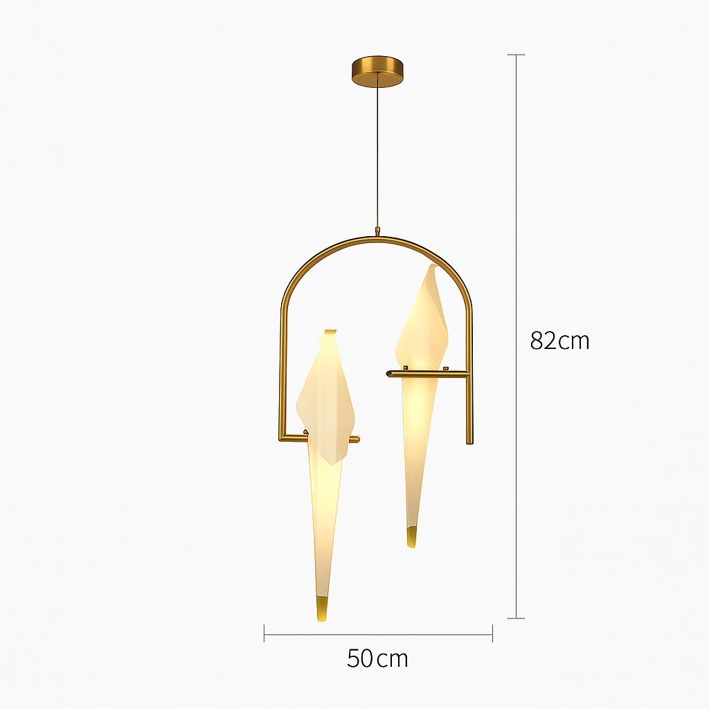 Suspension design LED oiseau dans cerceau doré