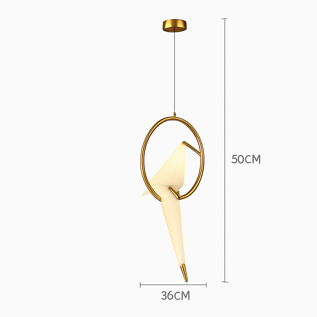 Suspension design LED oiseau dans cerceau doré