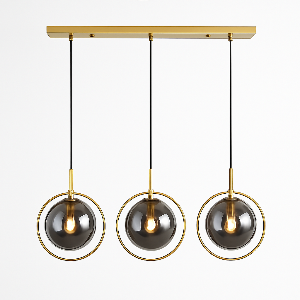 Suspension dorée à LED design boule en verre fumé