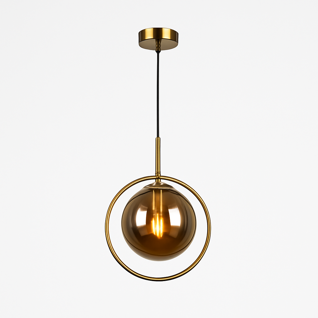 Suspension dorée à LED design boule en verre fumé